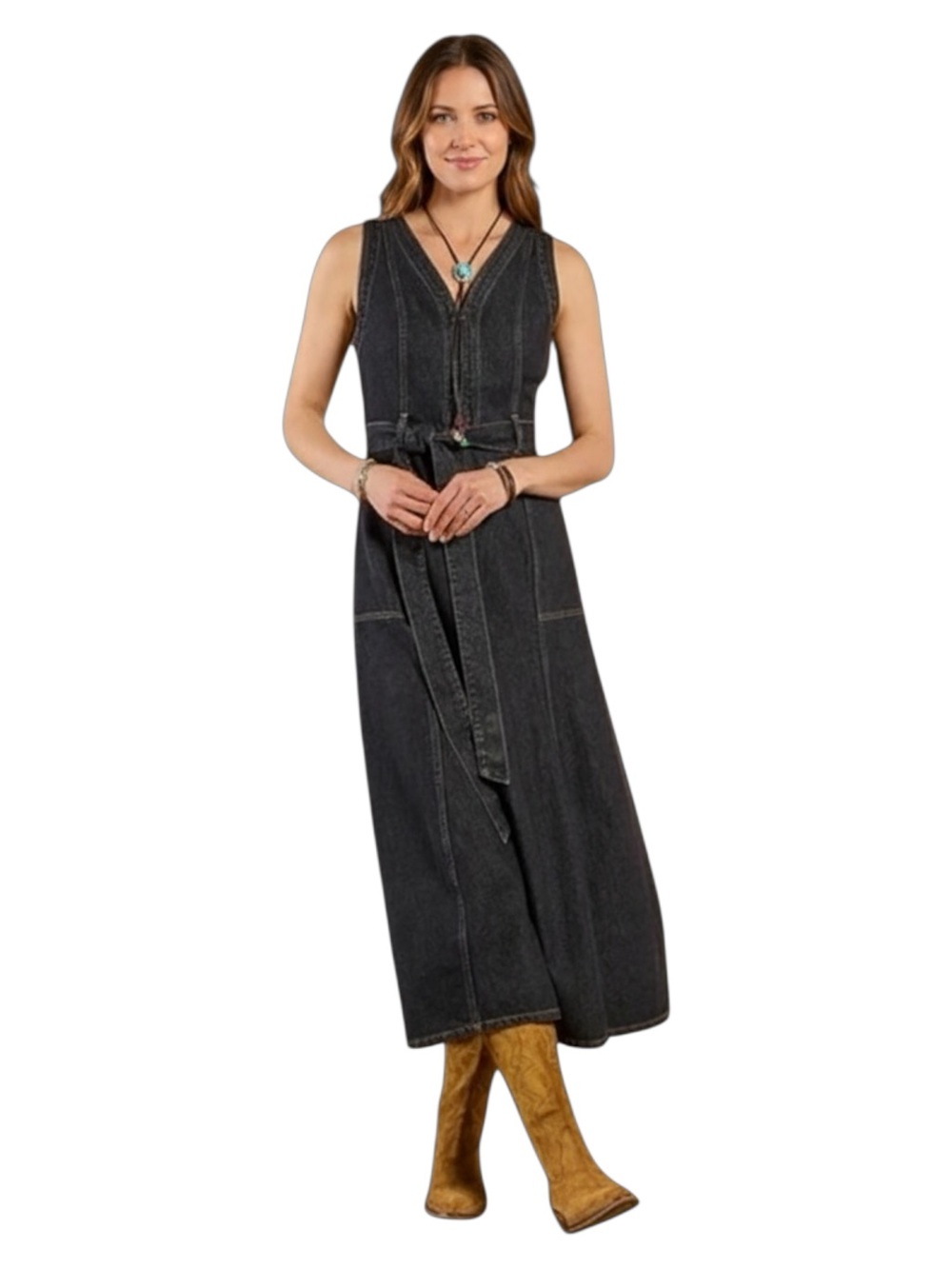 Sundance Poppy Denim Midi Dress Washed Black Belted V-Neck Pockets Size 12 NWT